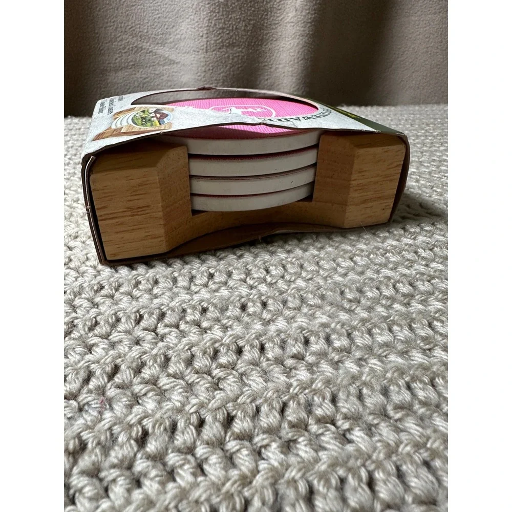 John Deere Pink Absorbent Stoneware Coasters with Wood Holder 5 Piece Set